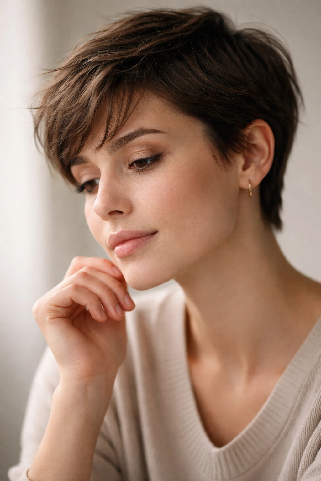 Contemplative portrait of a person with short hair in soft lighting