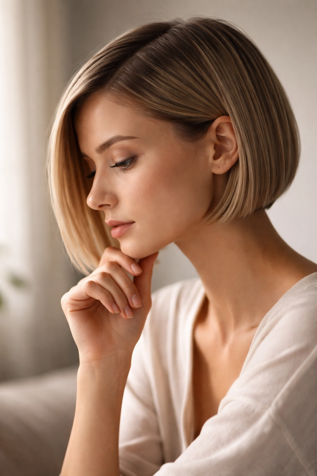 Contemplative portrait with short straight hair and crisp lines