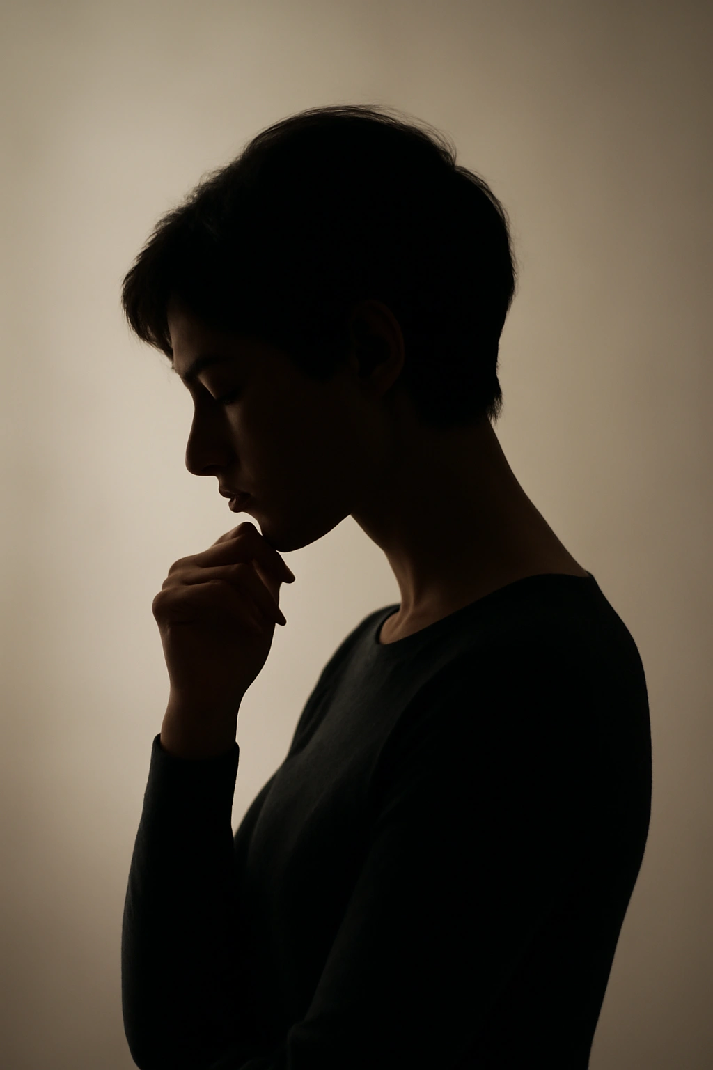 Solitary silhouette in a thoughtful pose against a neutral background