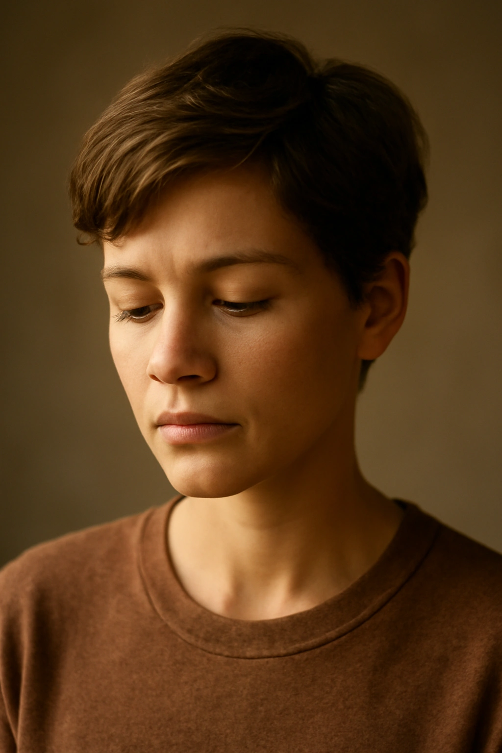 Contemplative portrait of a person with short hair