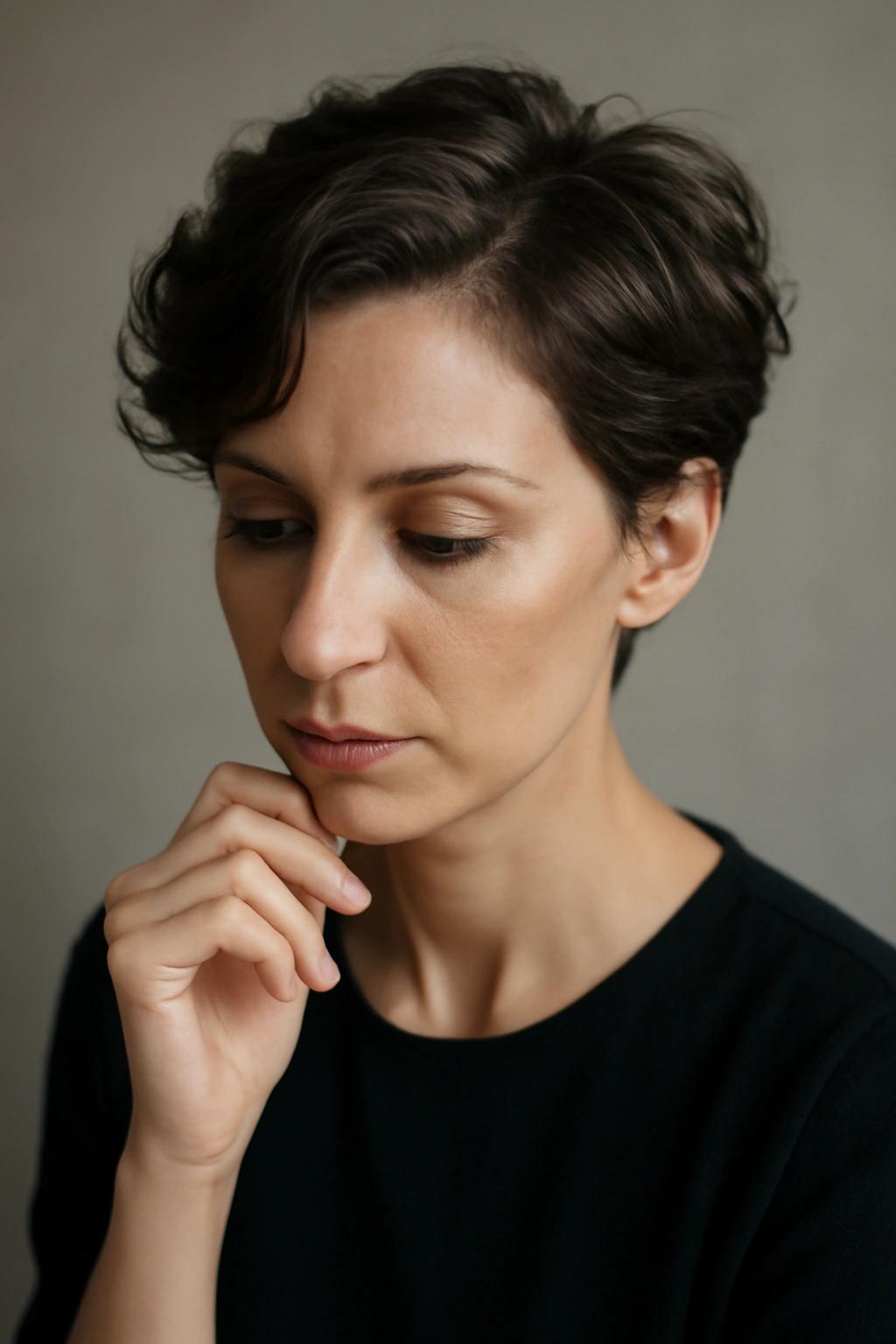 Thoughtful portrait of a person with short hair reflecting on formal styles