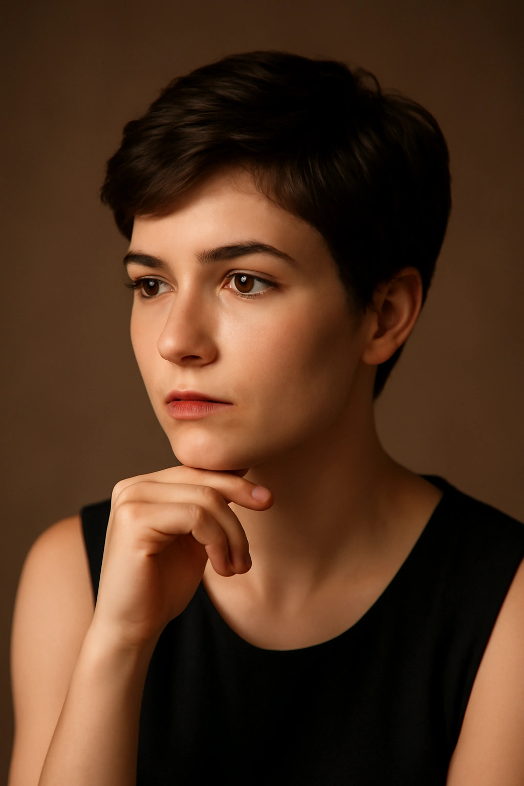 Confident portrait of a person with short hair, thoughtful pose.