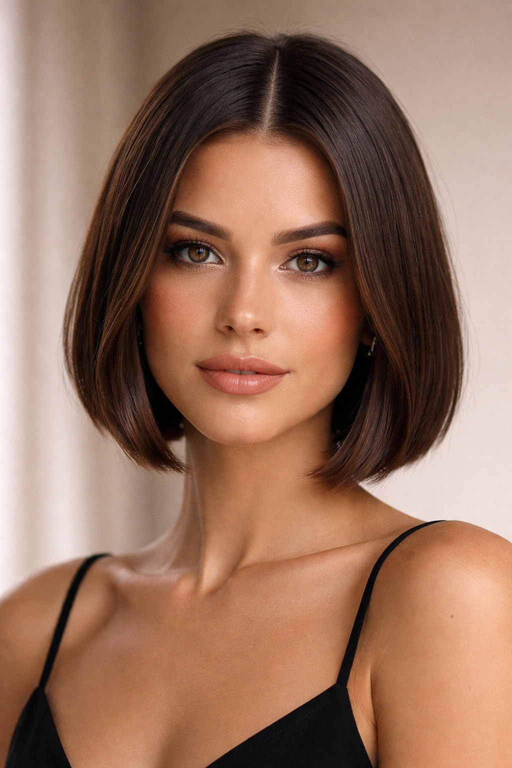 Close-up portrait of a person with a middle-part short haircut in a neutral studio backdrop, highlighting the part and hair texture