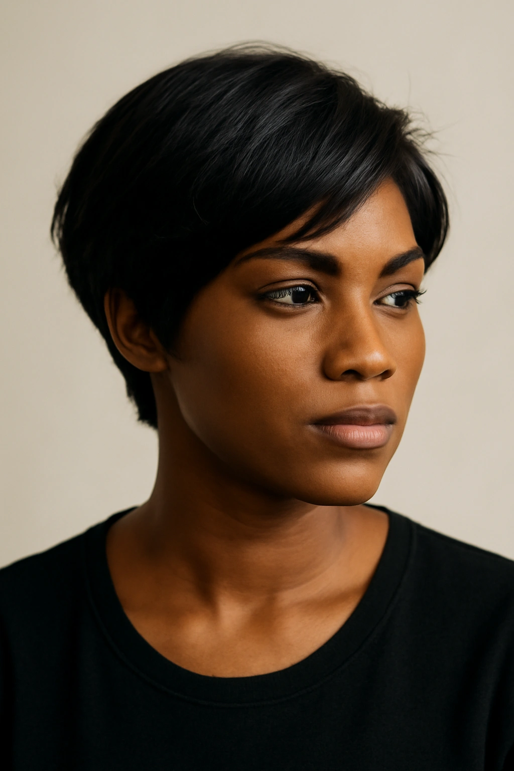 Portrait of a person with a chic short weave looking confident and thoughtful