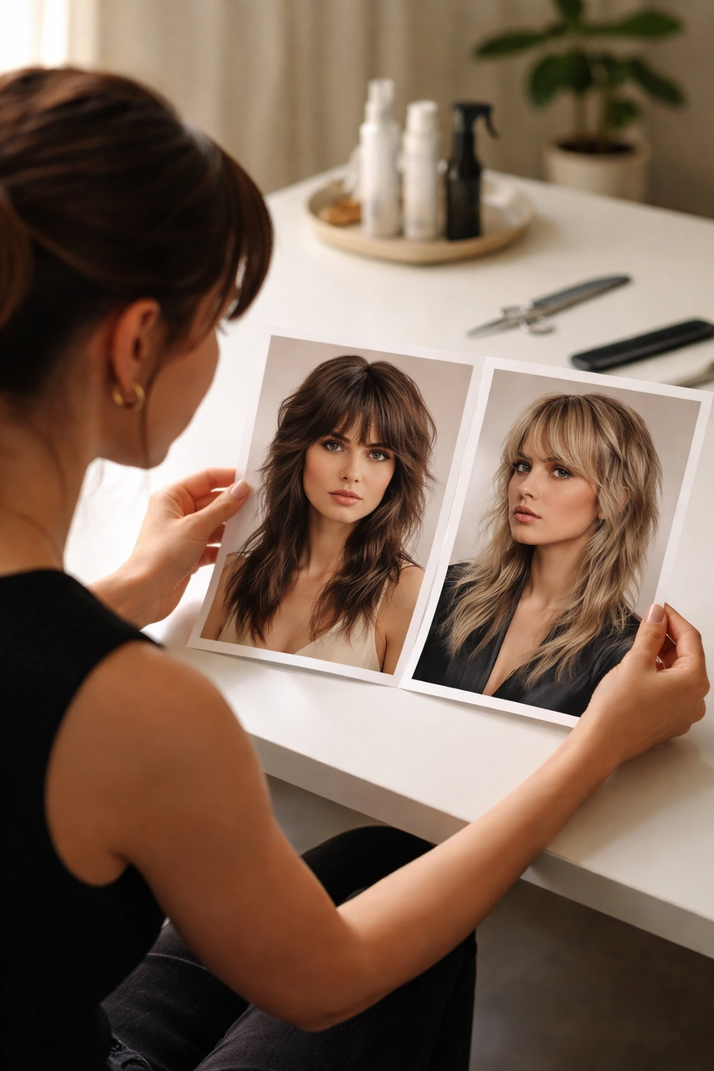 Contemplative hairstylist evaluating shullet references in a studio, focusing on texture contrast and length