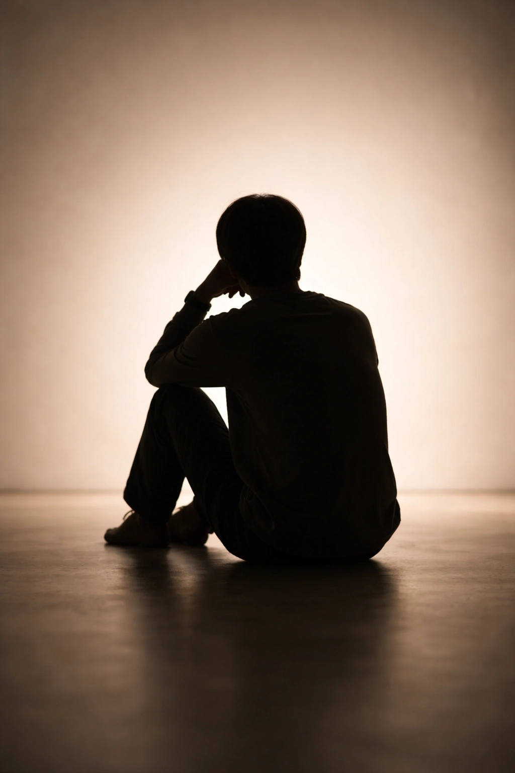 Silhouette of a solitary person in a contemplative pose on a plain gradient background