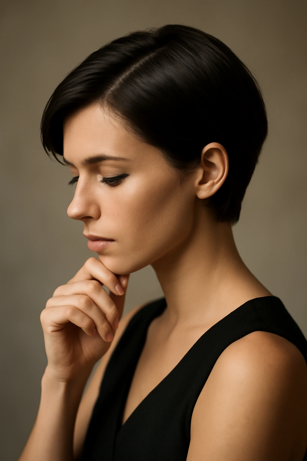 Solitary figure with short sleek hair in a contemplative pose