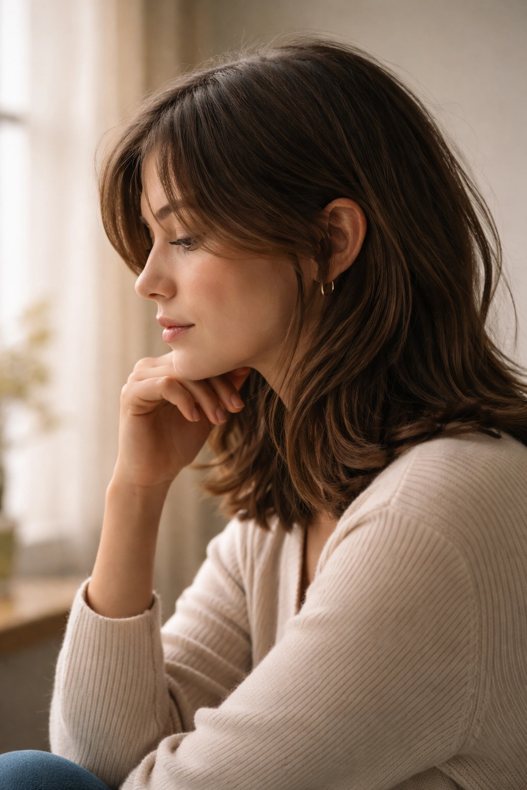 Silhouette of a person with shoulder-length hair in a thoughtful pose.
