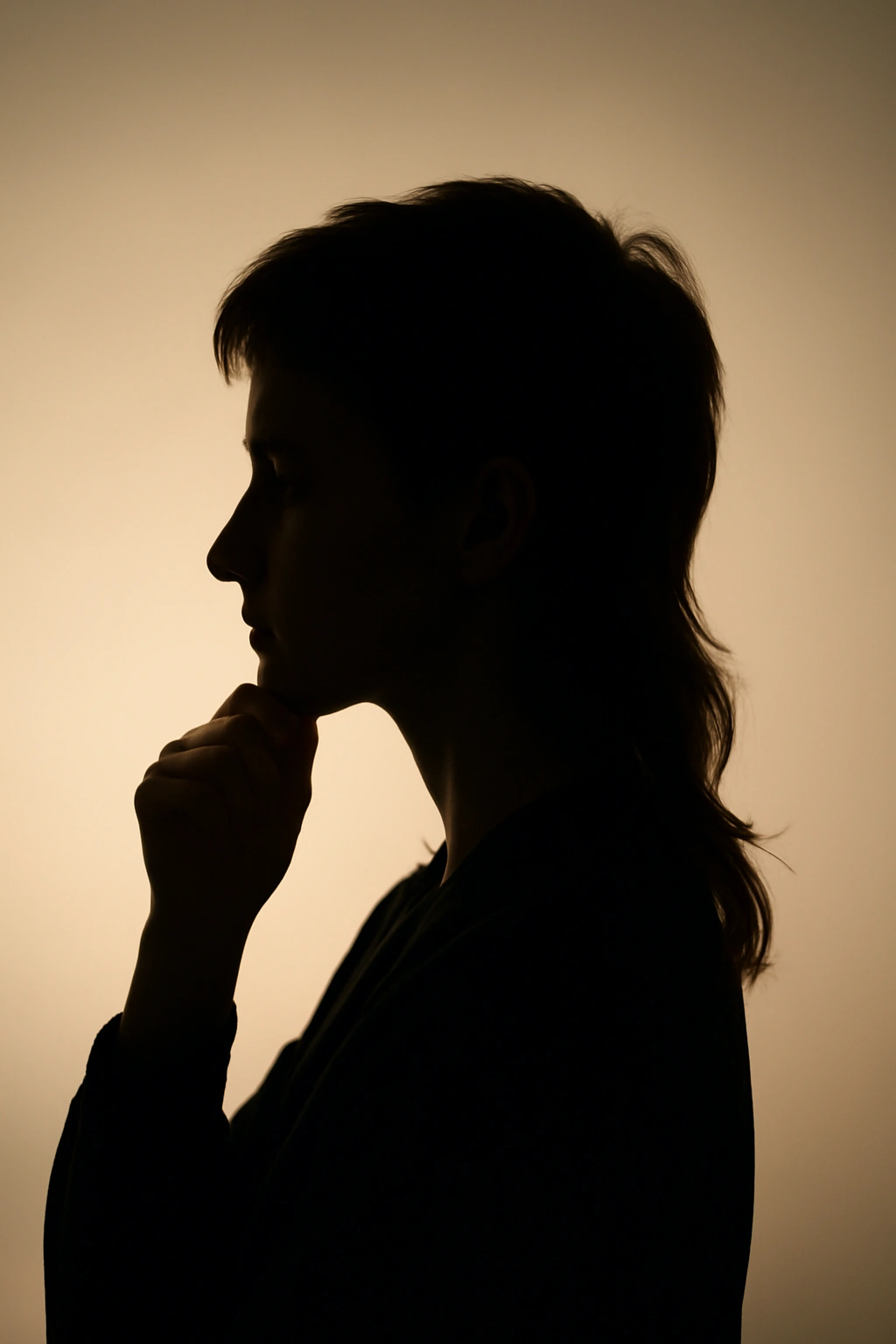 Contemplative silhouette of a person with a mullet visible from behind against a soft gradient