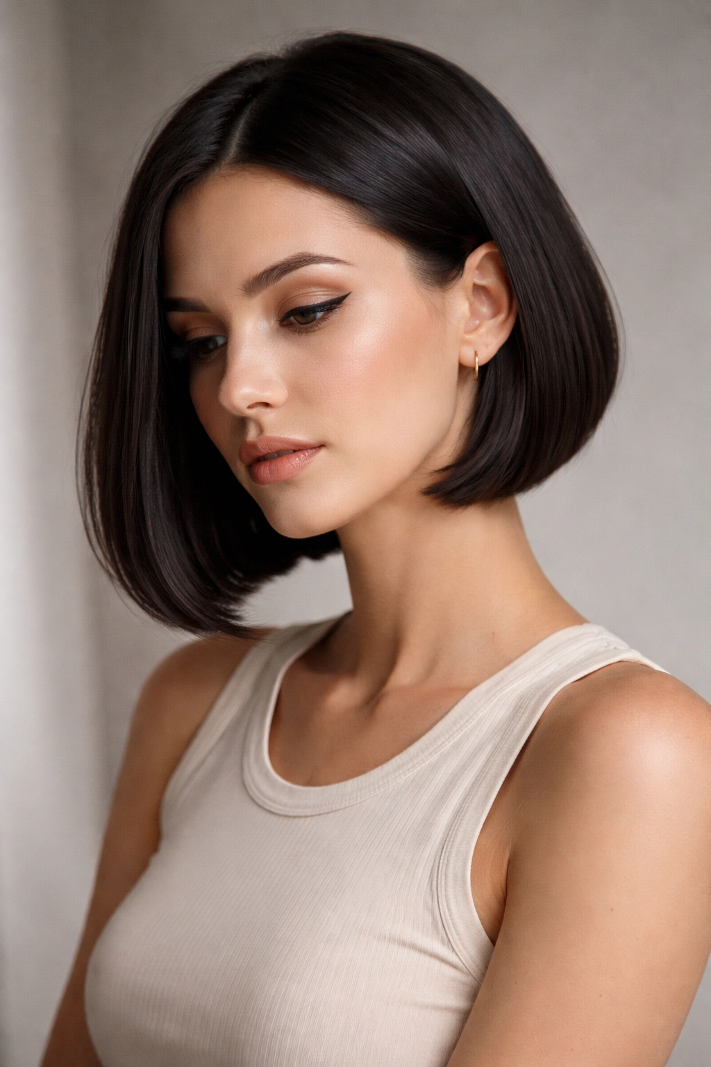 Contemplative portrait of a person with a sleek bob in studio