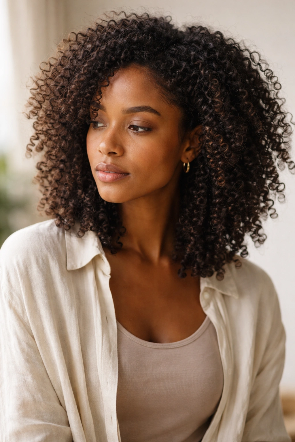 Thoughtful portrait of someone with textured hair in a calm studio