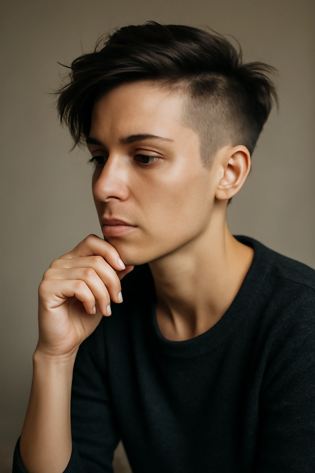 Contemplative portrait of a person with an edgy undercut