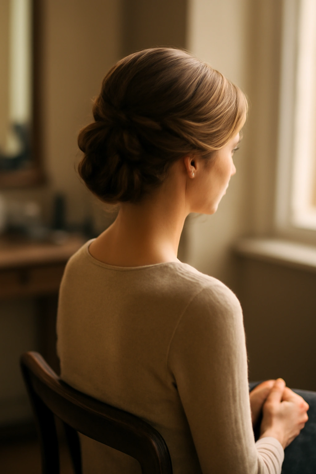 Calm salon scene with a person in an elegant updo and thoughtful pose