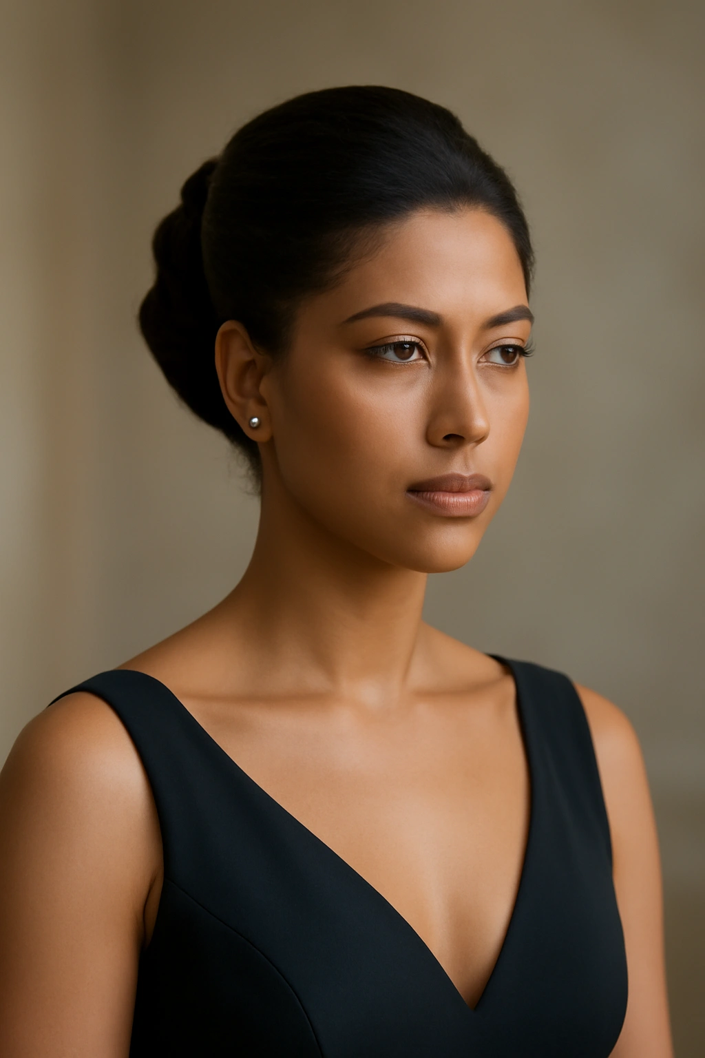 Portrait of a person with an elegant updo and formal attire.