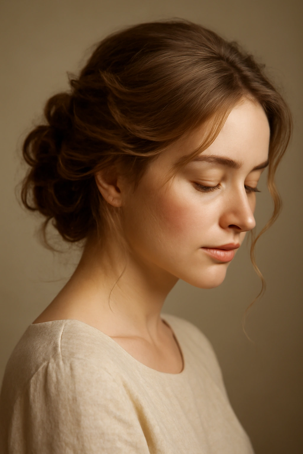 Contemplative portrait of a person with an elegant updo