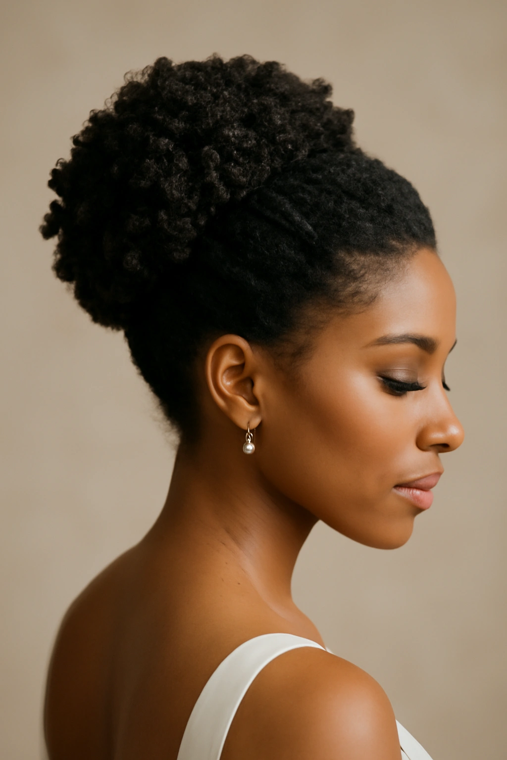 Close-up of a natural hair wedding updo highlighting texture and volume in soft studio light