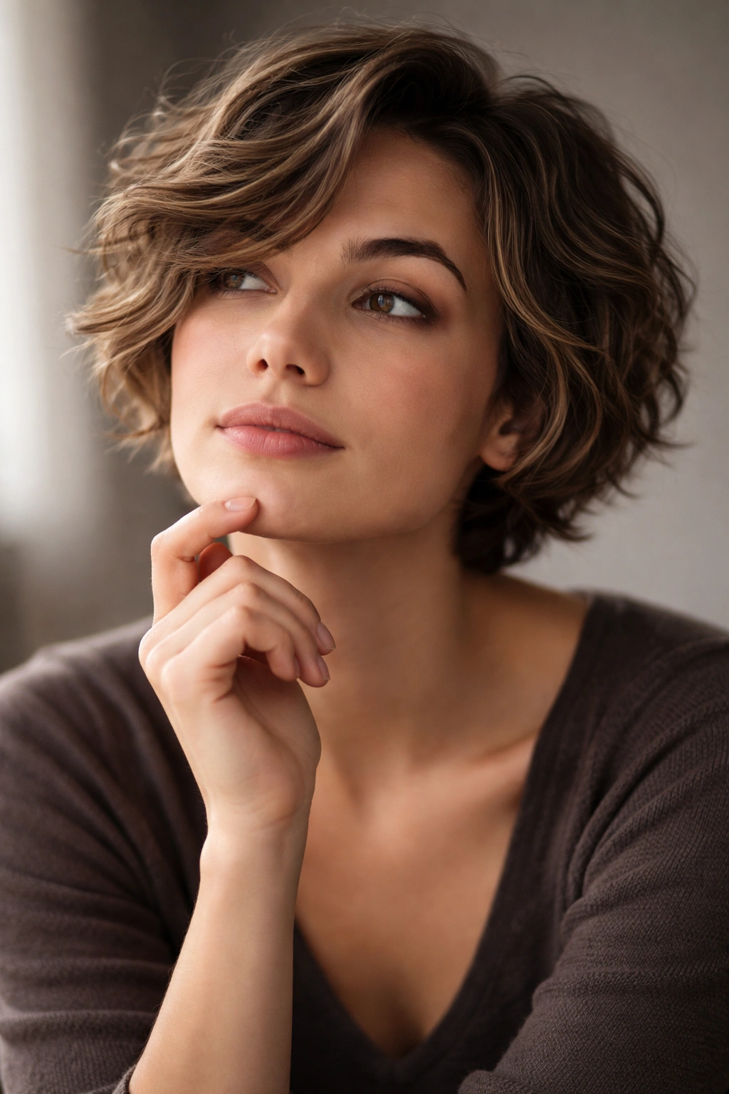 Thoughtful portrait of a person considering wave-friendly short haircuts