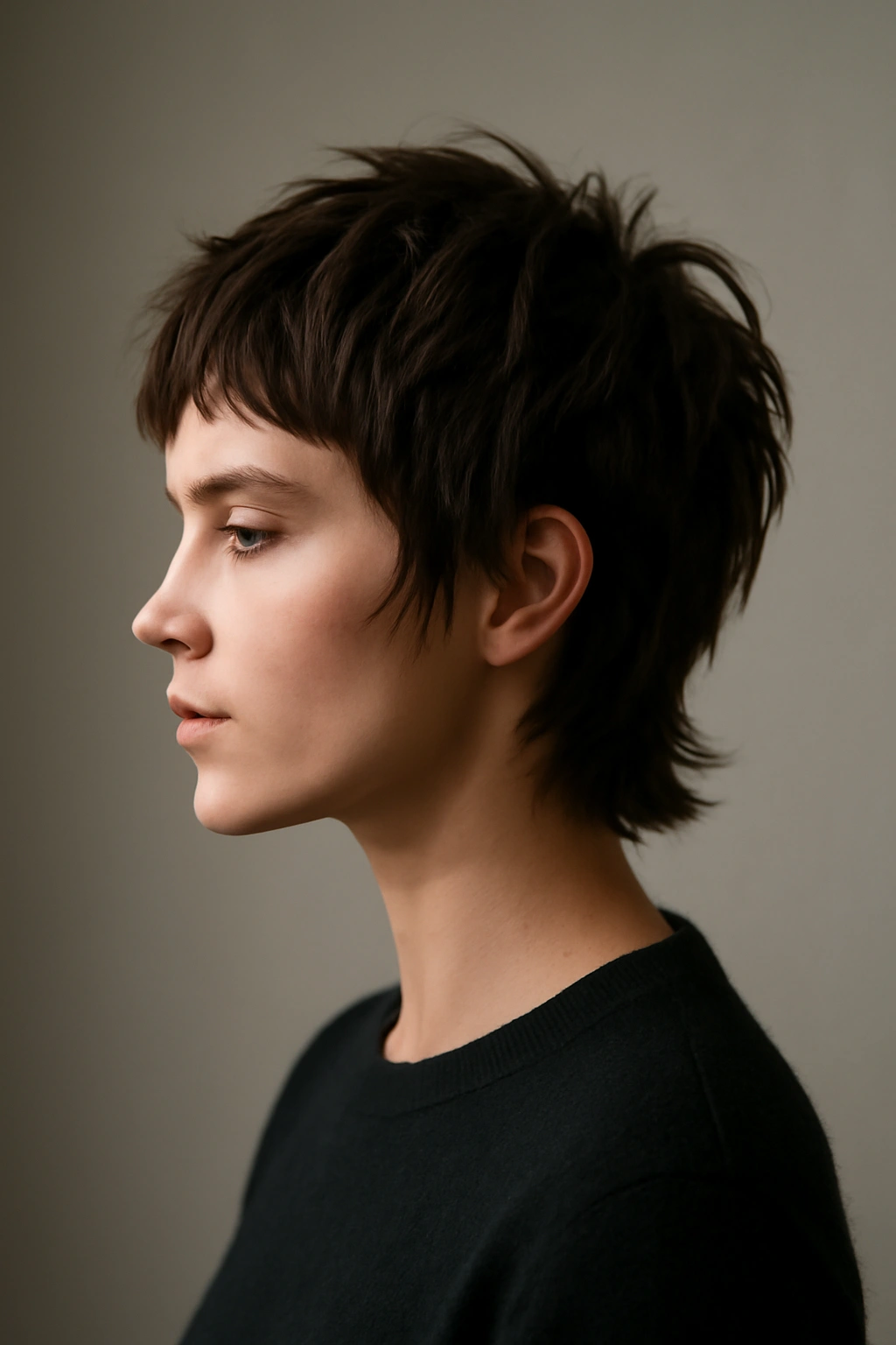 Profile of a solitary figure with a textured short wolf-cut hairstyle in a minimal studio