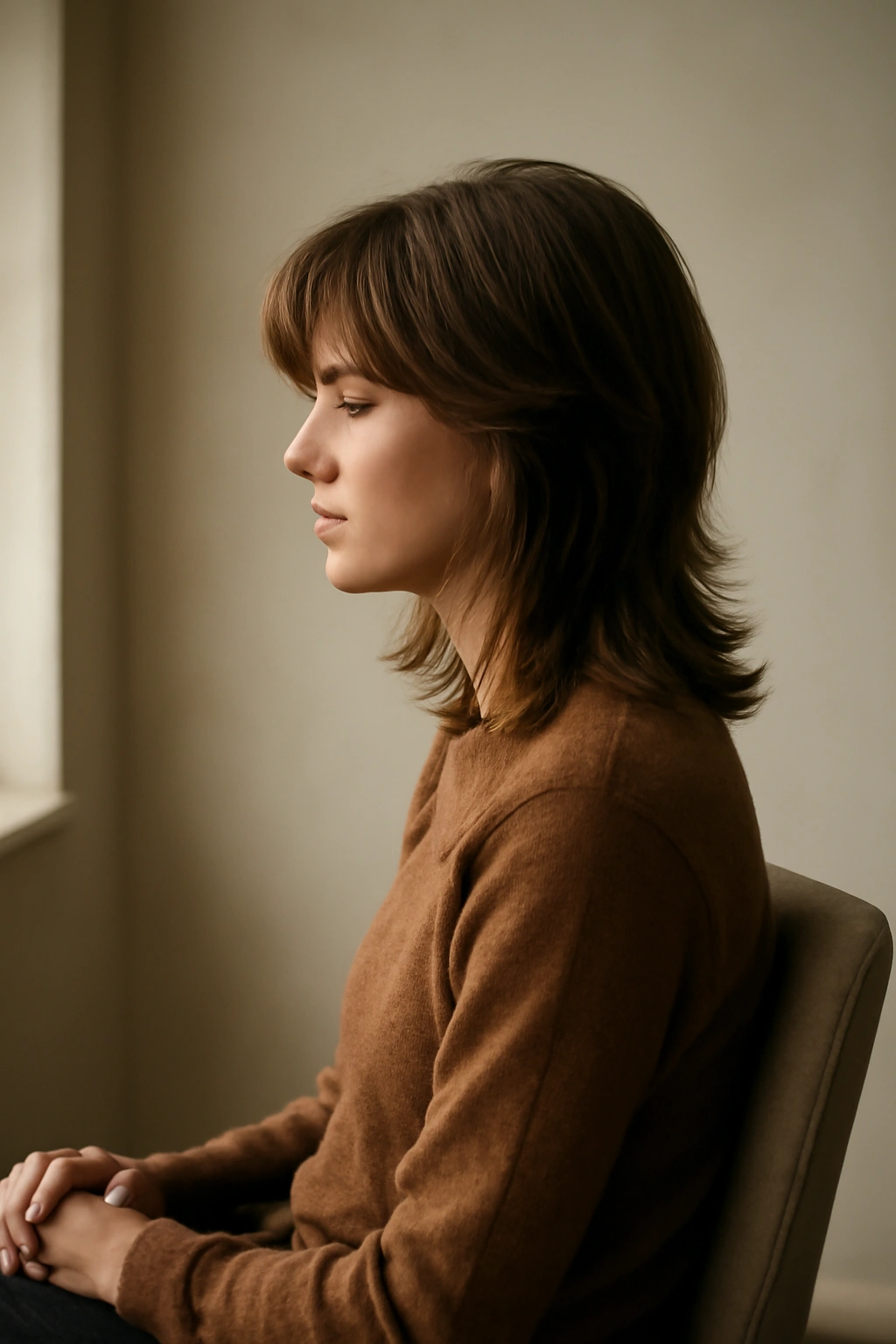 Contemplative person in a softly lit space with a layered haircut
