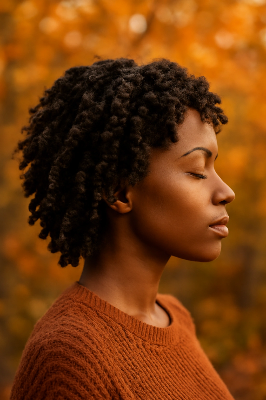 Side-profile of a Black woman with a twist-out protective hairstyle against autumn leaves