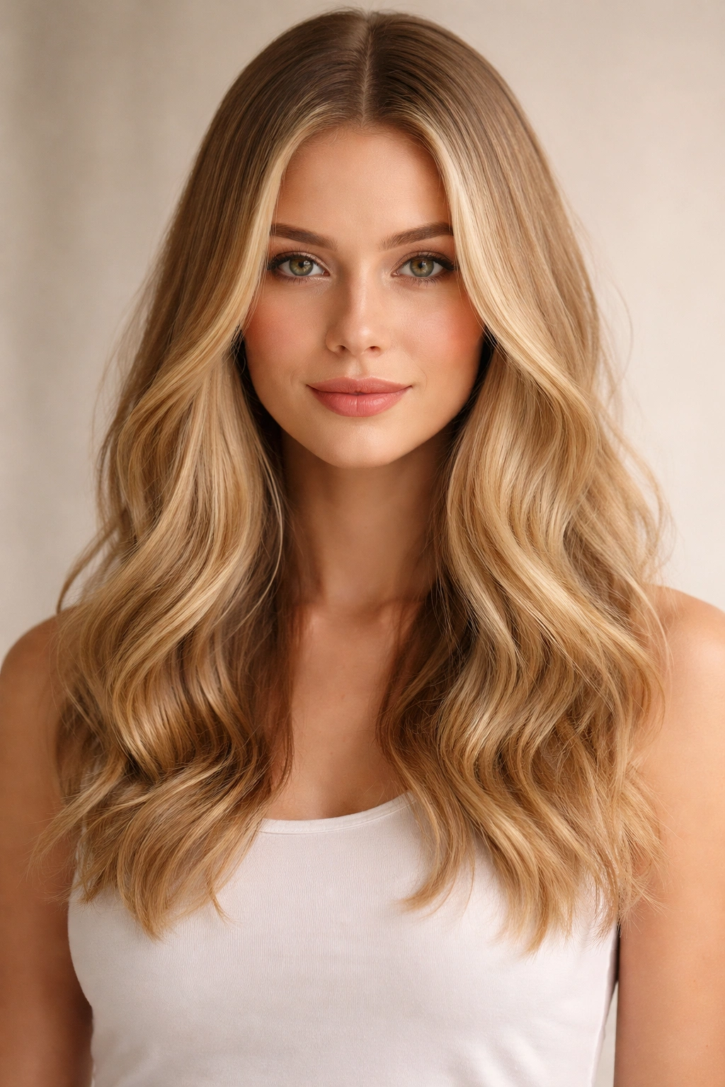 Fine wavy hair with straight roots and textured ends in studio