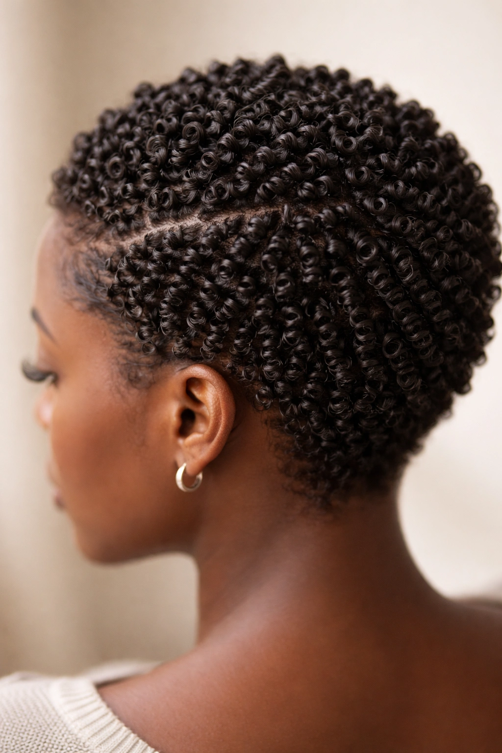 Close-up of tight finger coils on short natural hair showing defined texture.