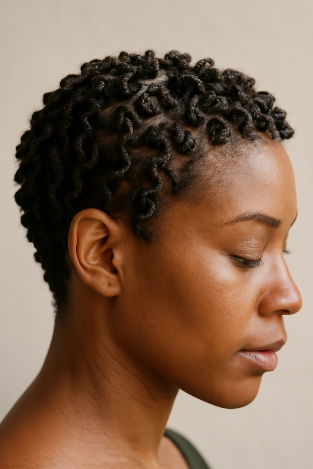 Top view of finger coils texture on short natural hair