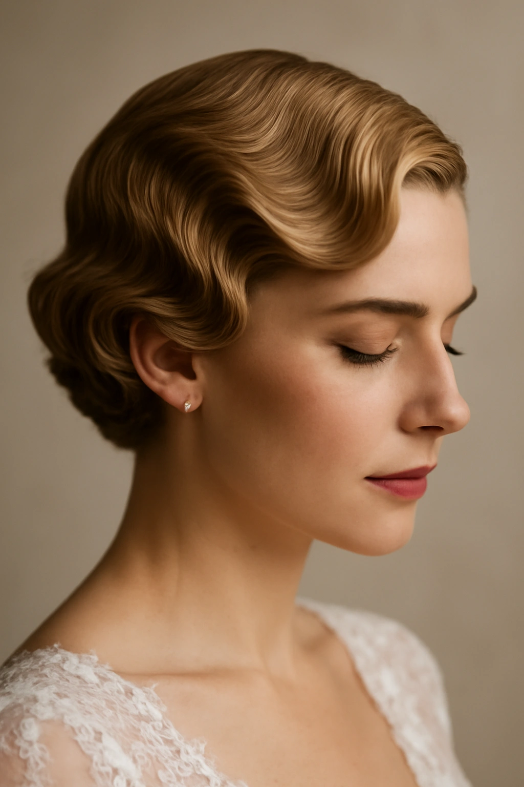 Close-up of a bride with short hair styled in soft finger waves and a deep side part