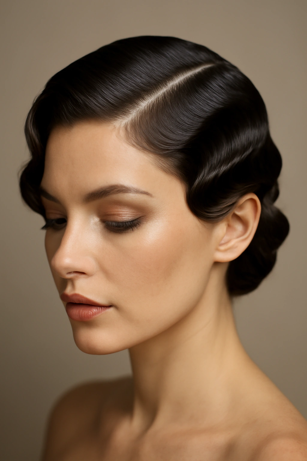 Finger waves with a deep side part for a modern vintage wedding