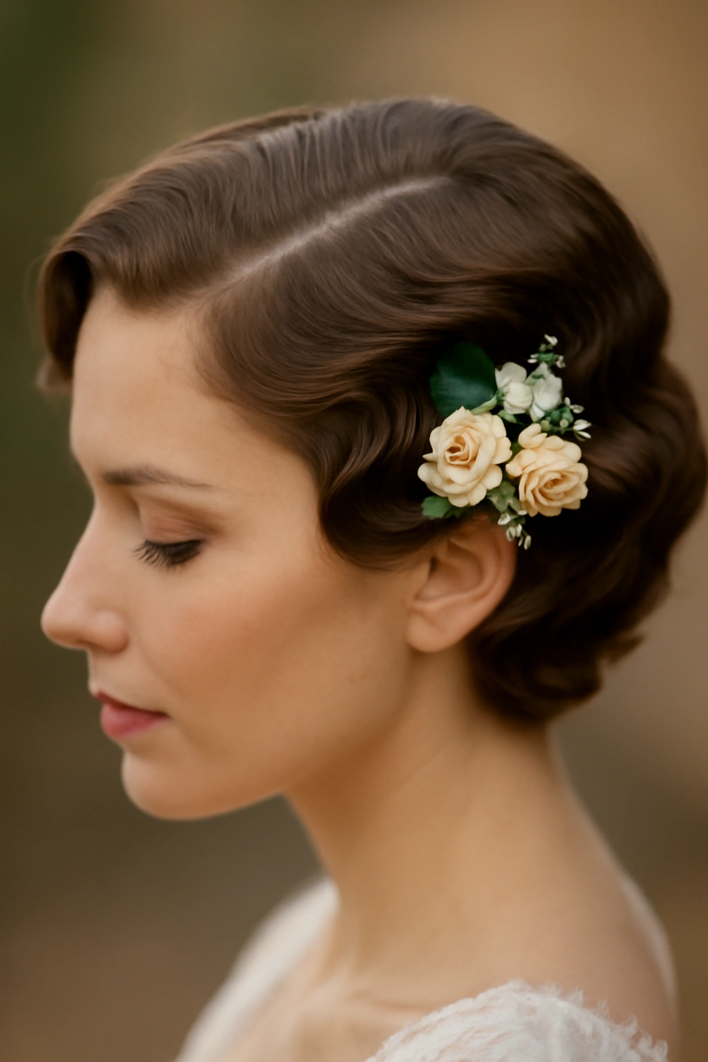 Finger waves with floral detail on short hair