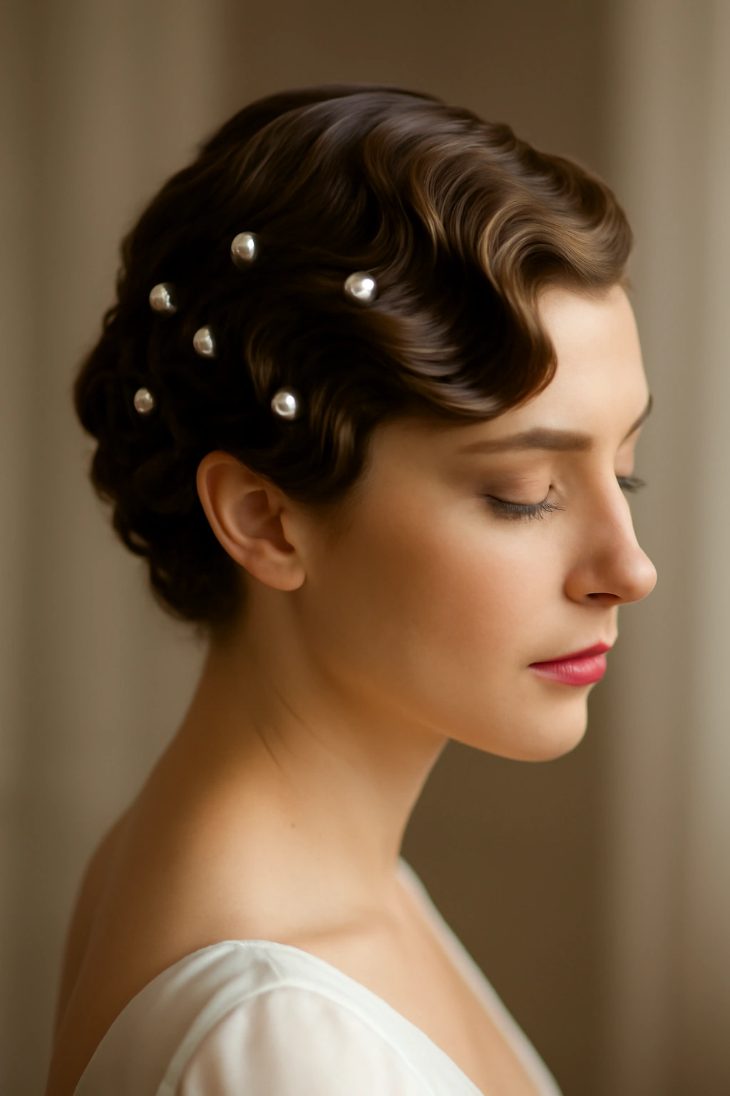 Close-up of short bridal hair with finger waves and pearl pins