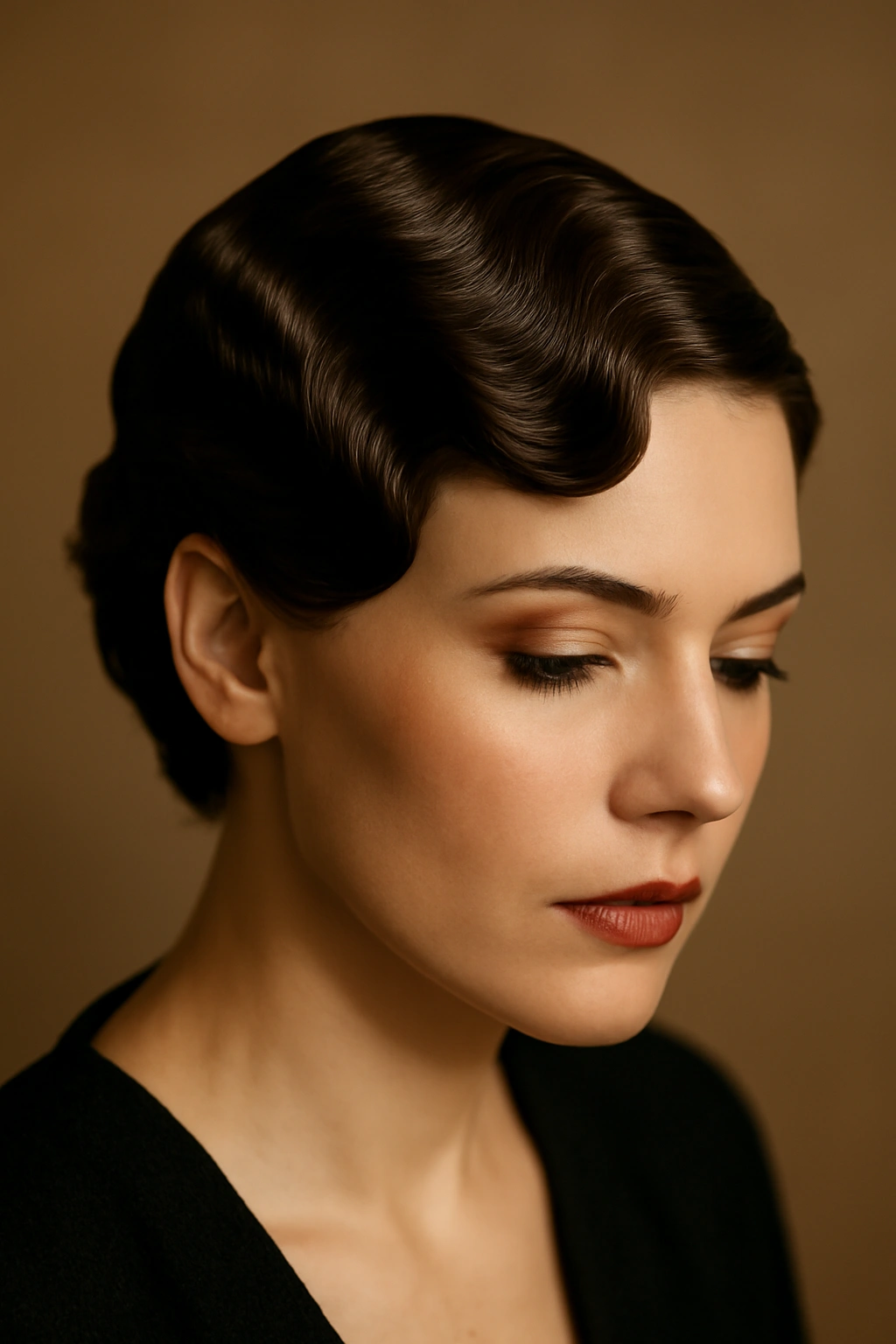 Close-up of short hair with vintage finger waves evoking old Hollywood glamour