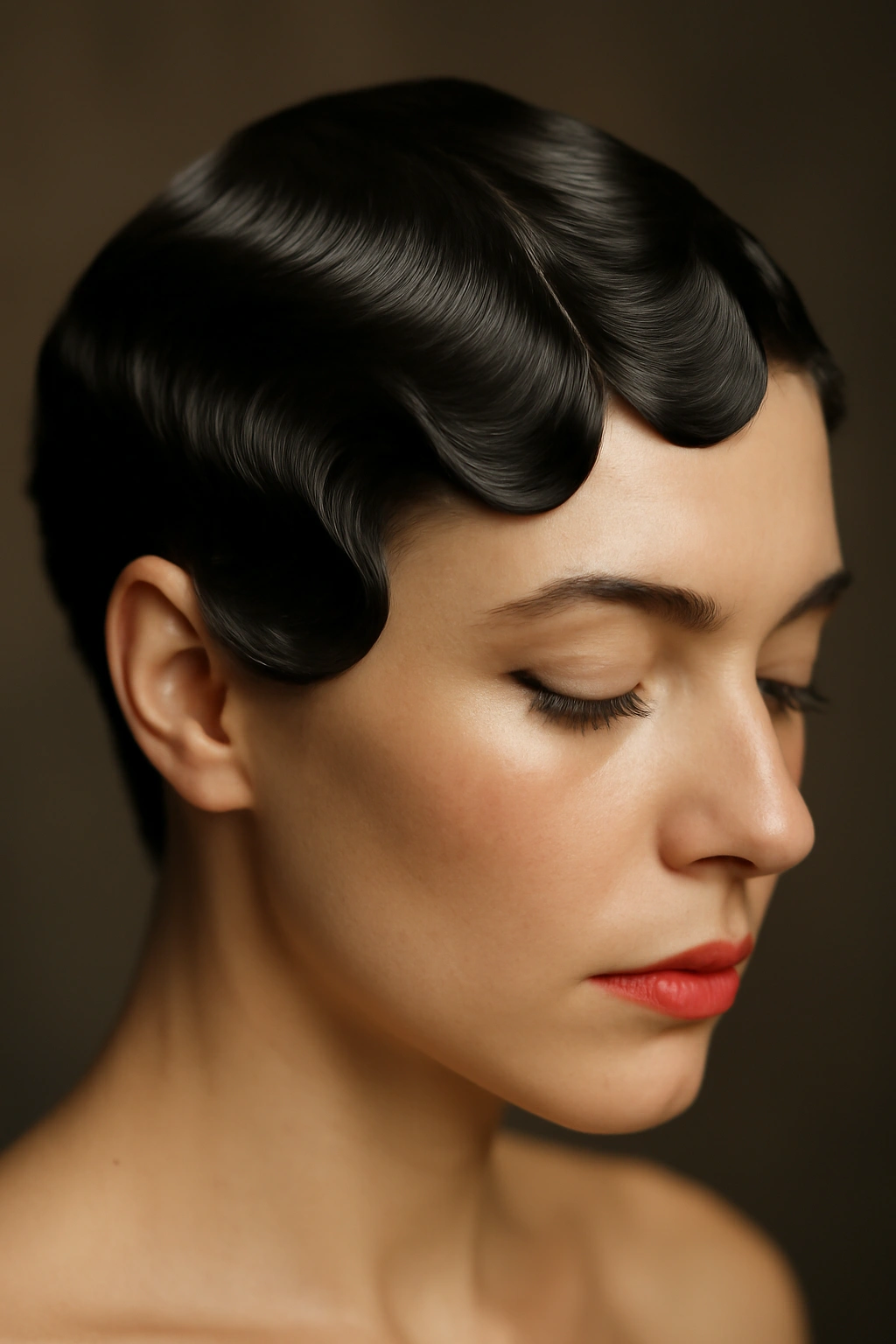 Short hair with vintage finger waves showing precise S-curves and shine.
