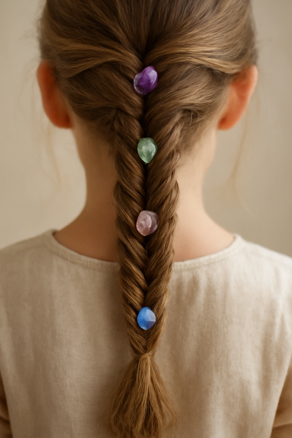 Close-up of a fishtail braid with gemstone beads on a child's head.