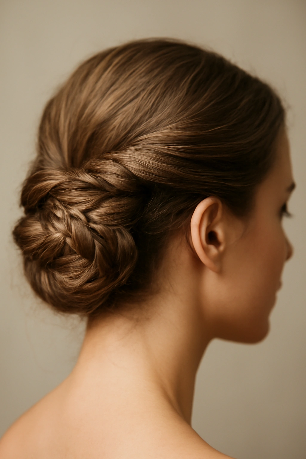 Close-up of a fishtail braid wrapped bun showing lace texture and fullness.