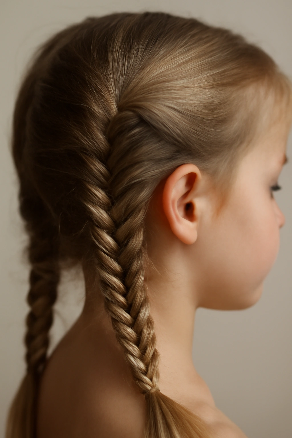 Close-up of a fishtail braid with two strands weaving