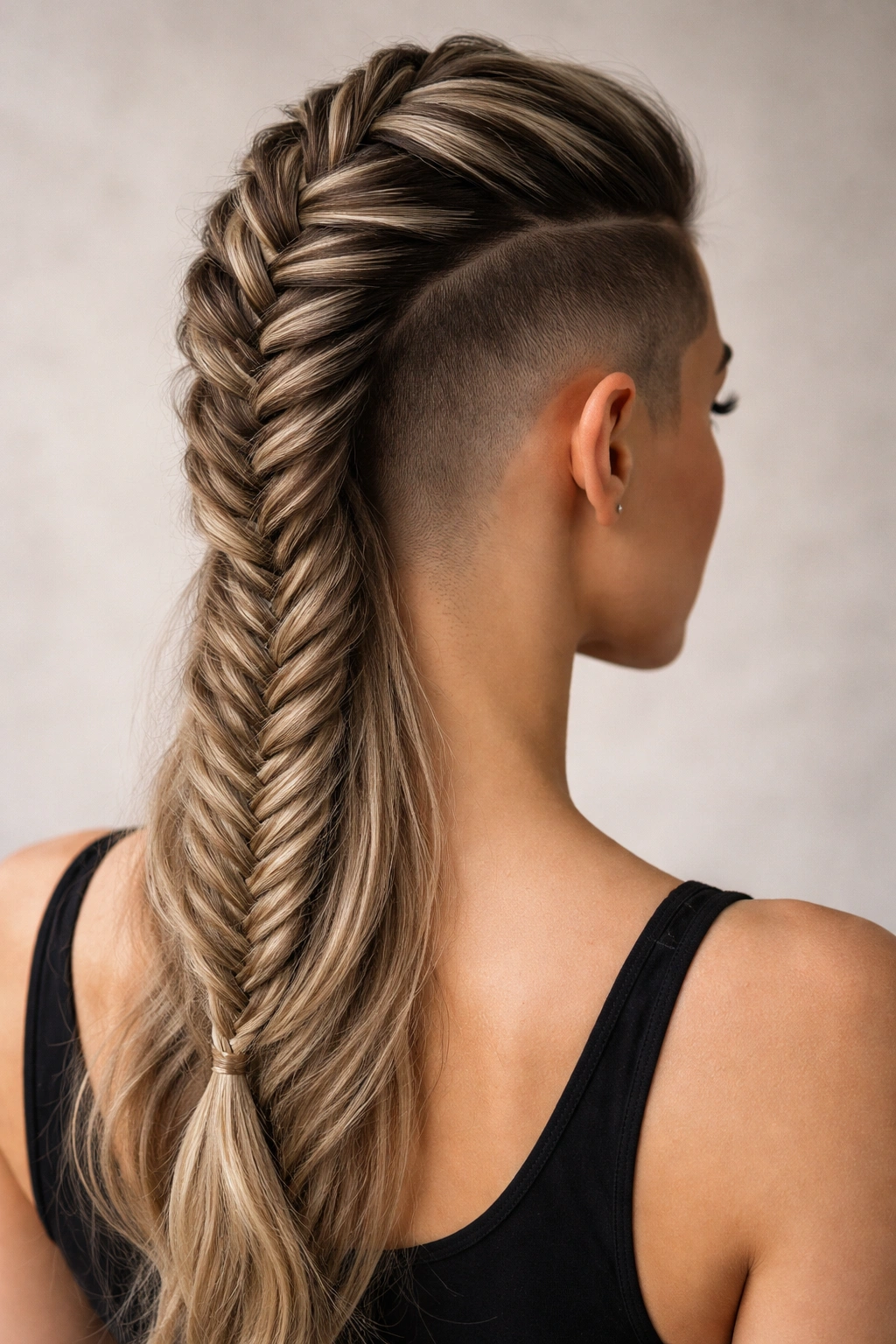 Fishtail braid with a high fade undercut profile