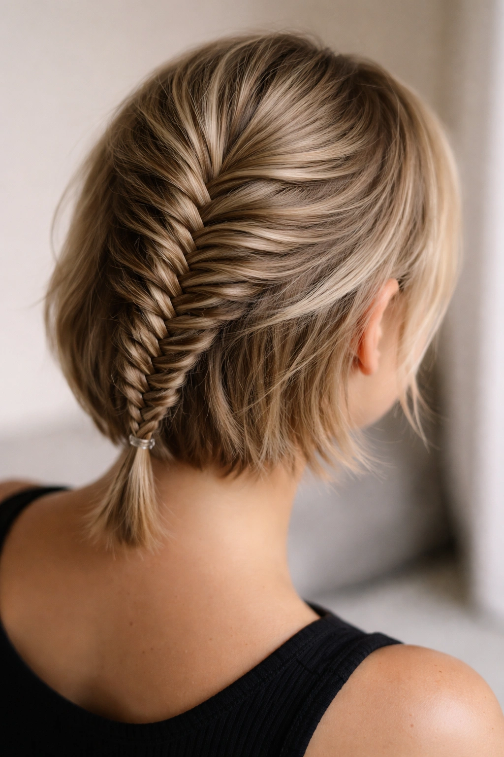 Two-section fishtail braid forming a fishbone pattern on short hair.