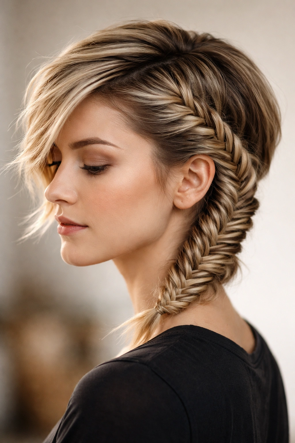 Close-up of a fishtail braid swept to the side on a short hairstyle