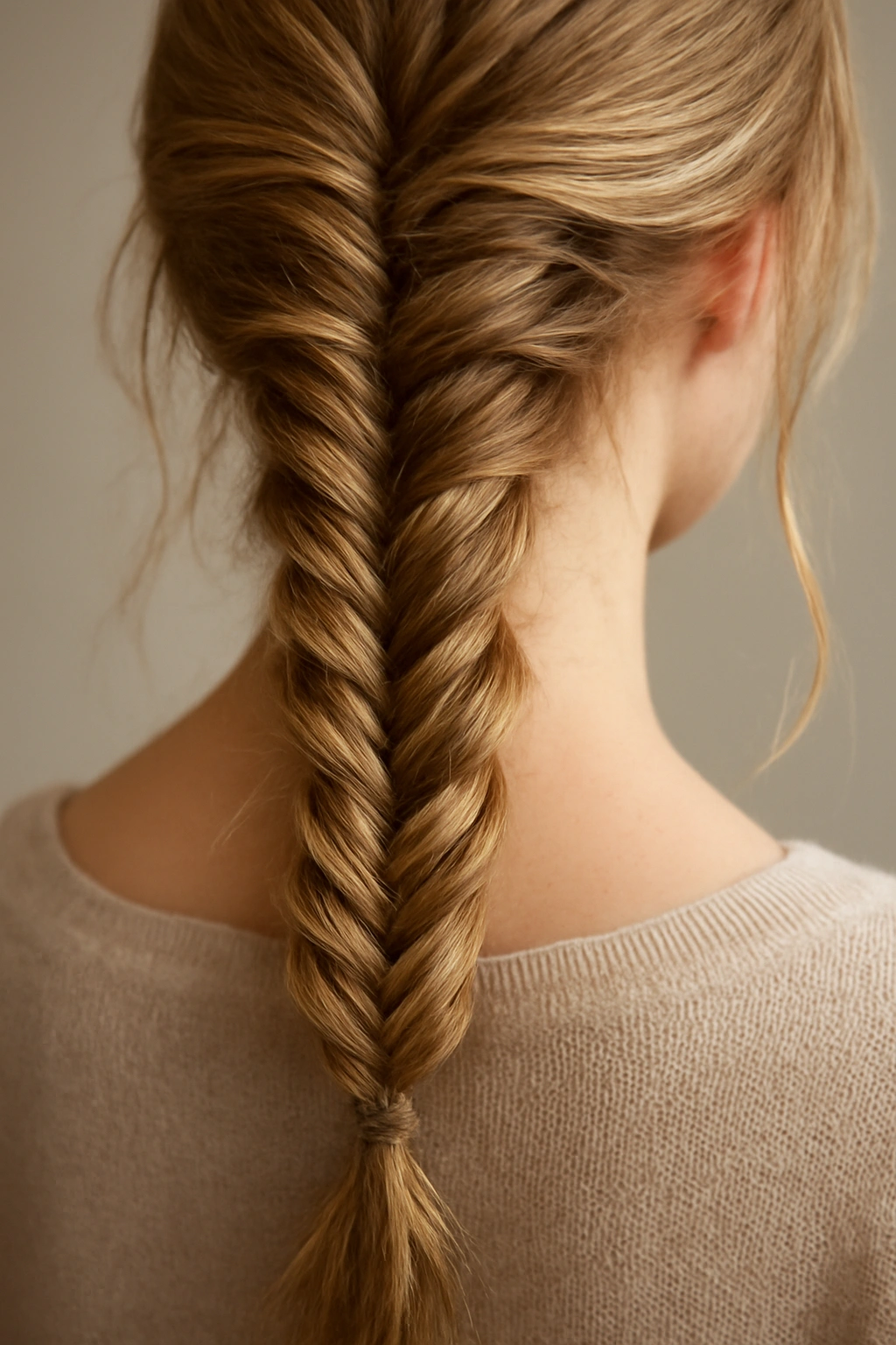 Fishtail braid with delicate texture.