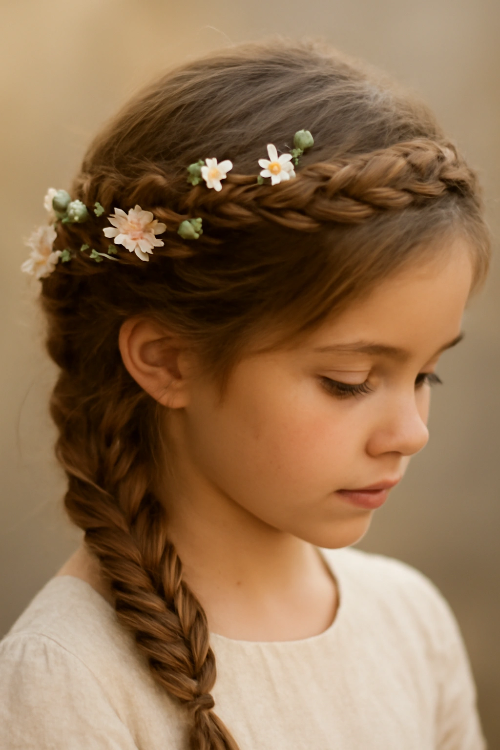 Fishtail braid crown with floral accents woven around a child's head