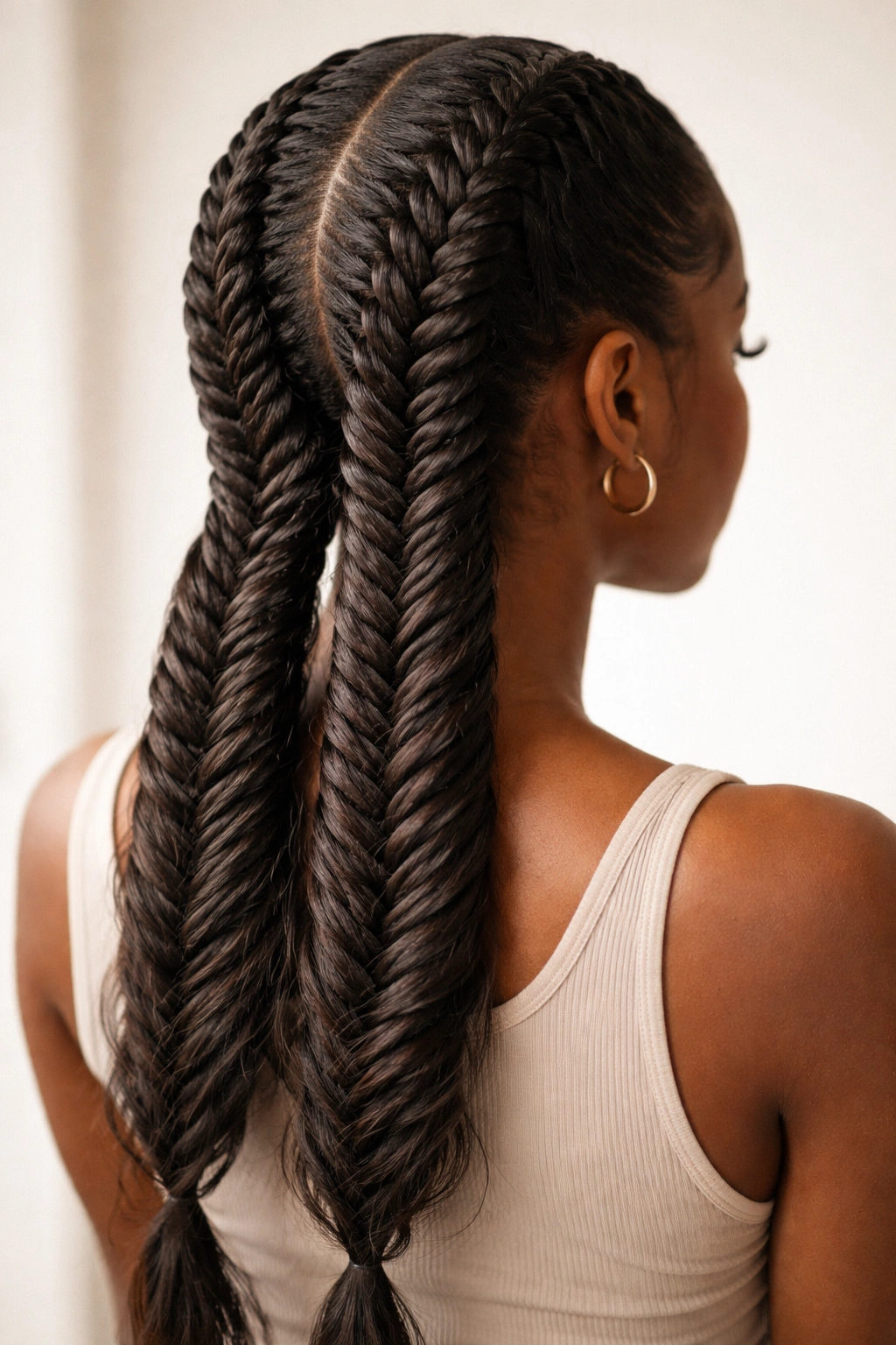 Two Dutch fishtail braids along the scalp with a delicate, feather-like weave