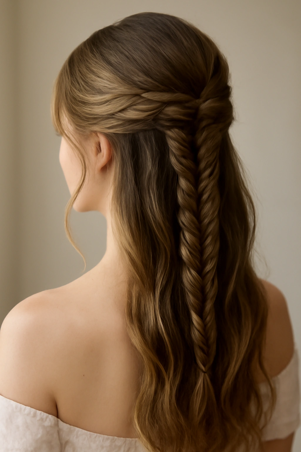 Bride's fishtail half-up braid with intricate herringbone texture.
