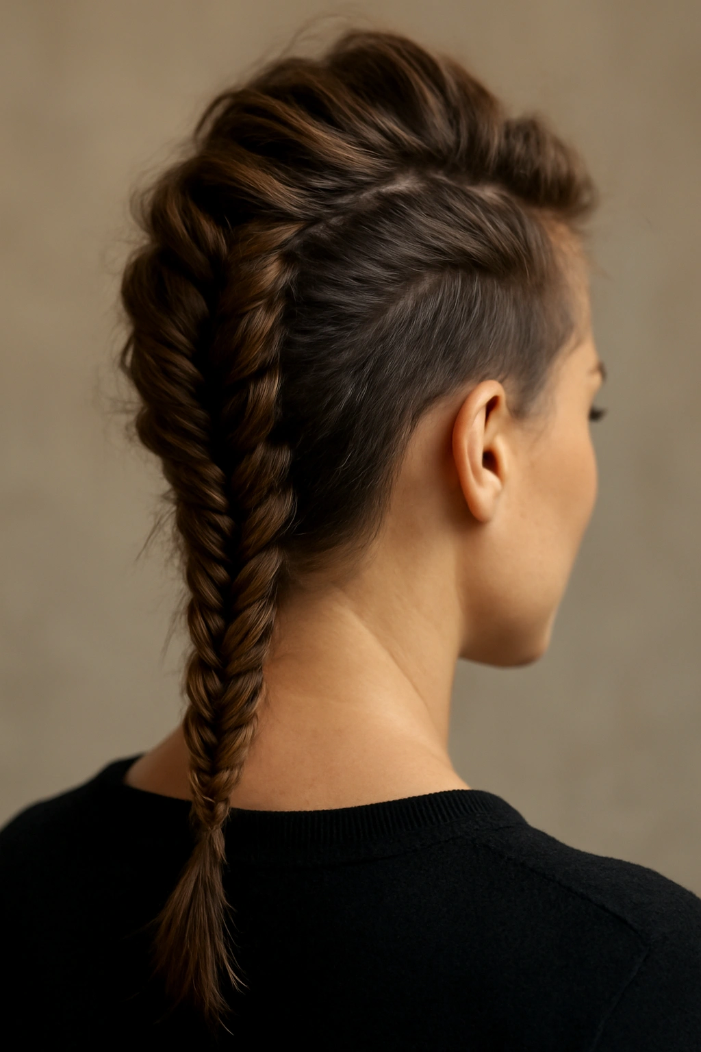 Fishtail mohawk braid with two thick strands forming center texture