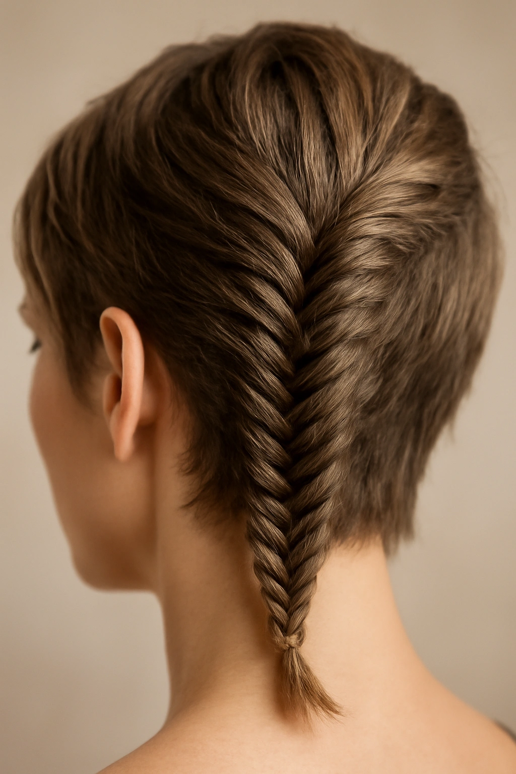 Close-up of a tight fishtail braid on short hair