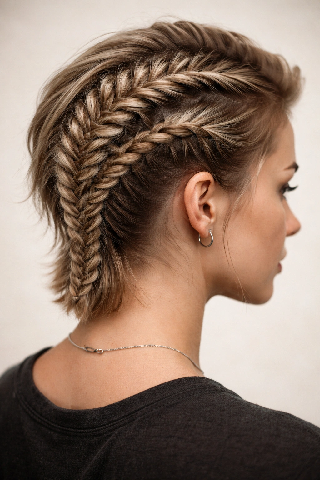 Close-up of a short hairstyle with a fishtail hybrid braid