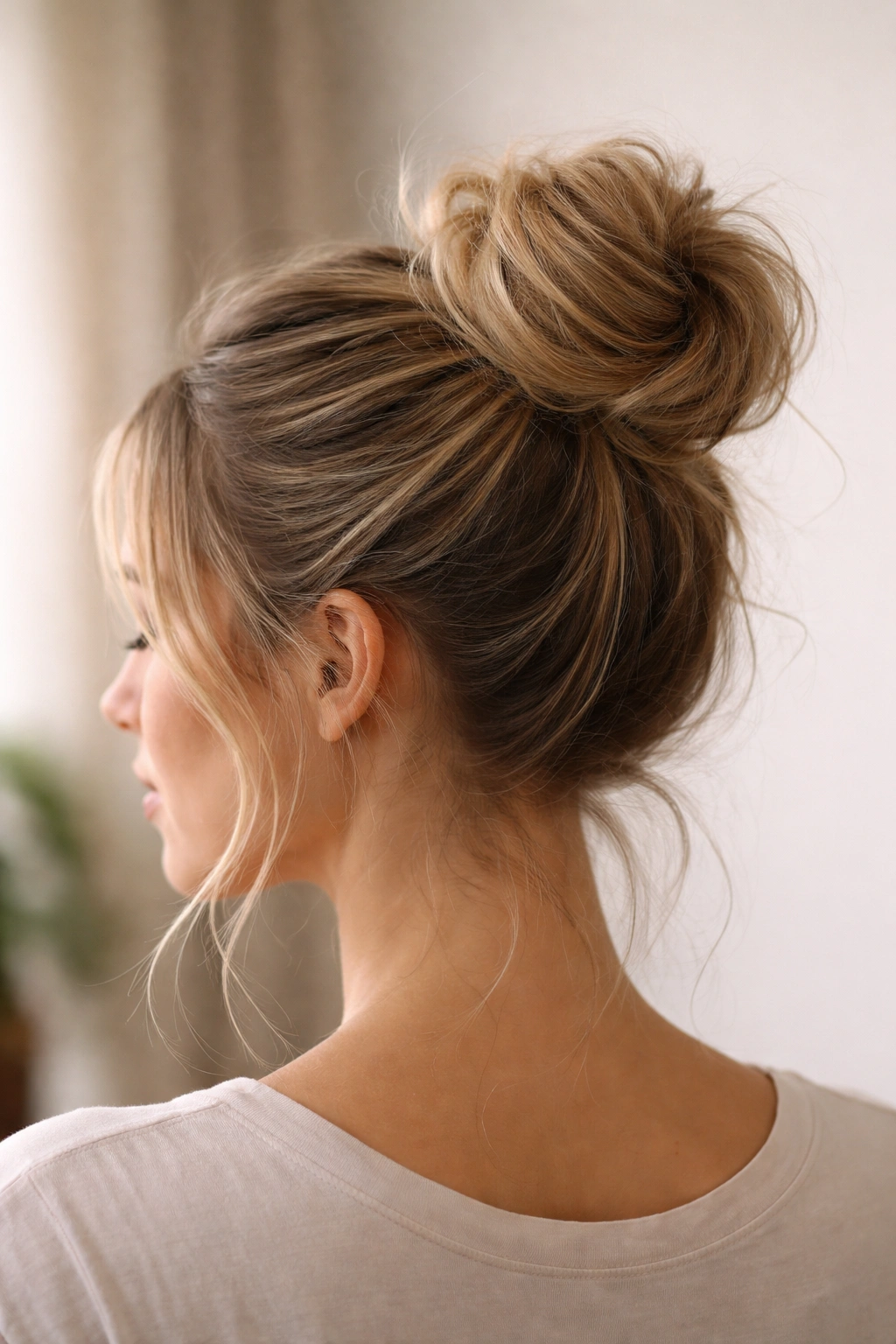 High textured bun with loose strands at crown