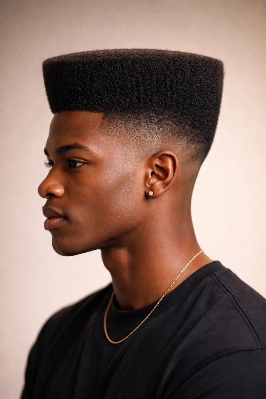 Side-profile of a person with a perfectly flat top Afro and strong silhouette