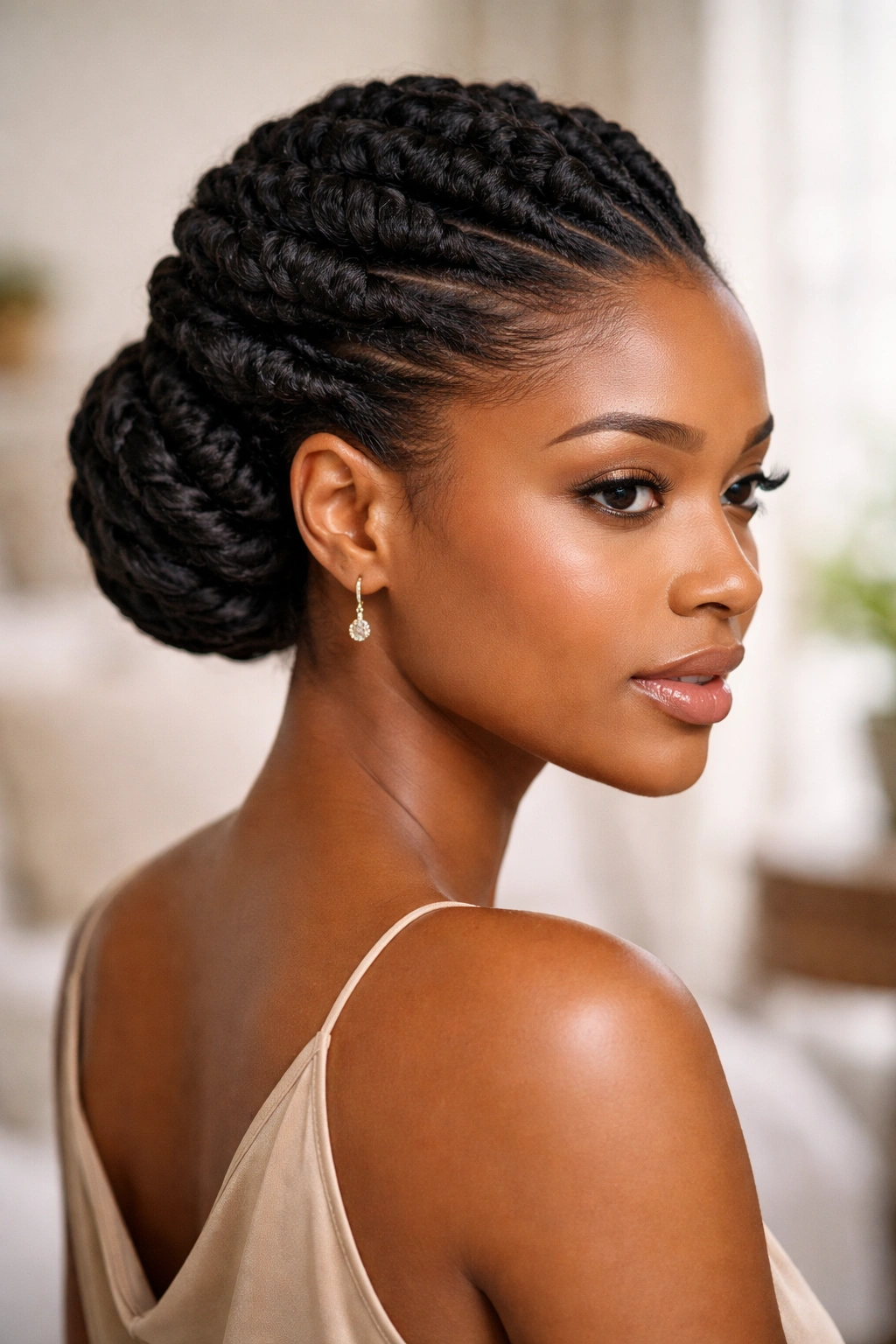 Elegant updo of flat twists forming a neat silhouette