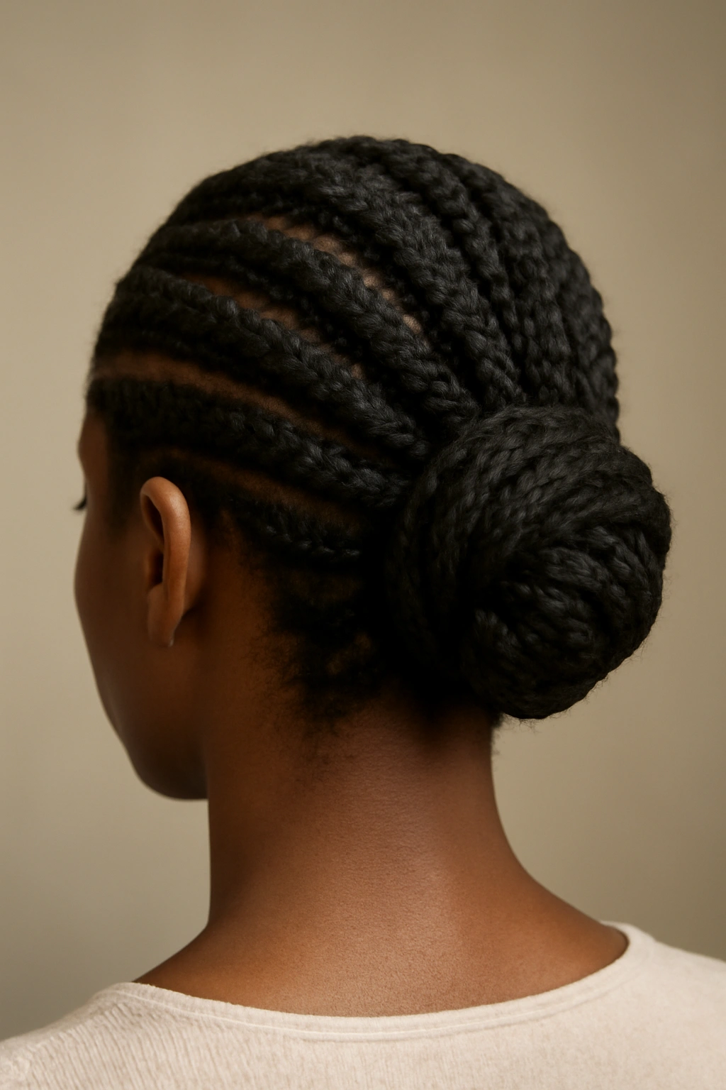 Close-up of an elegant flat twist updo featuring a wrapped bun at the back of the head